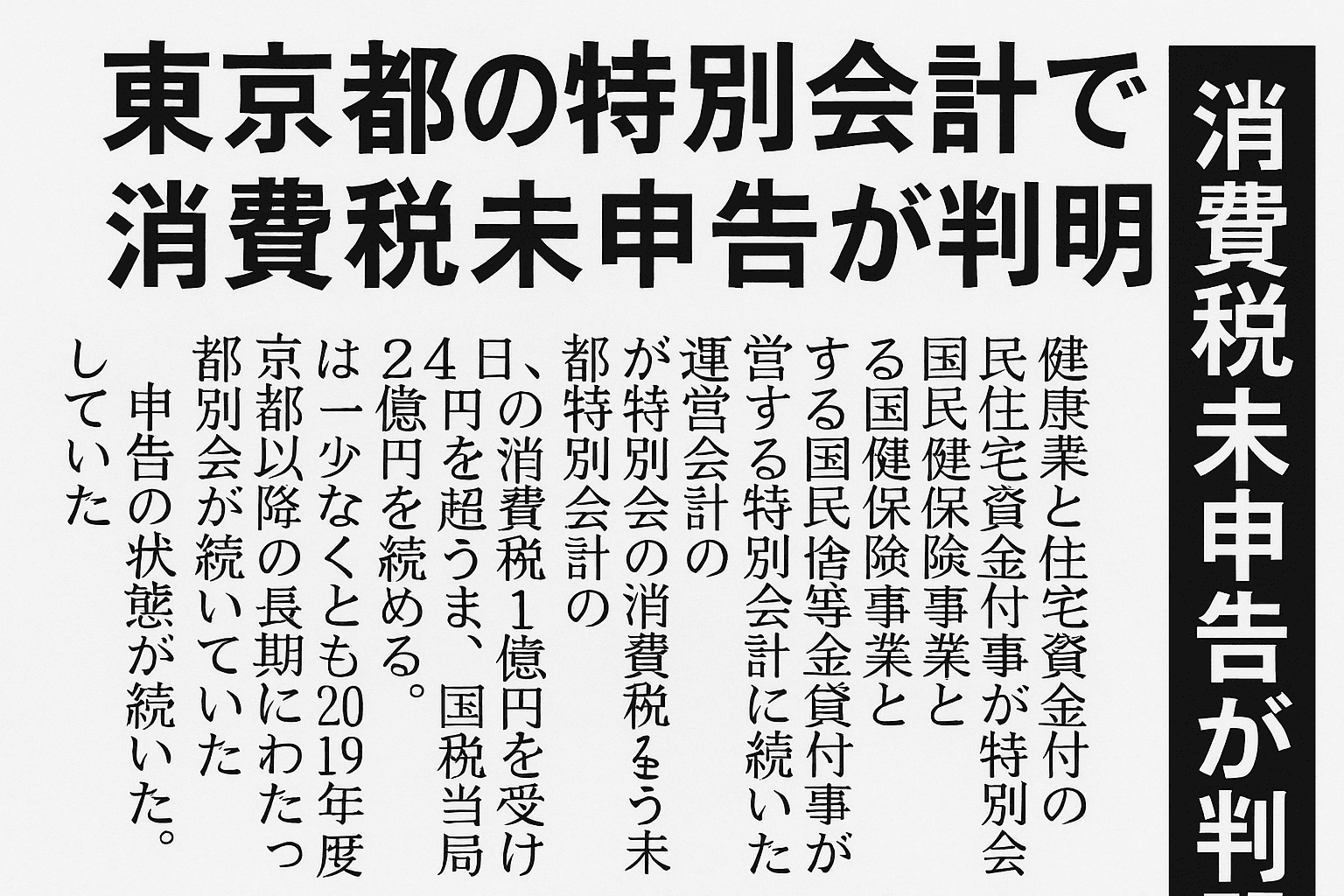 東京都の特別会計で消費税未申告が判明──2019〜2022年度ぶん計1億3642万円を申告・納付、2018年度以前は時効